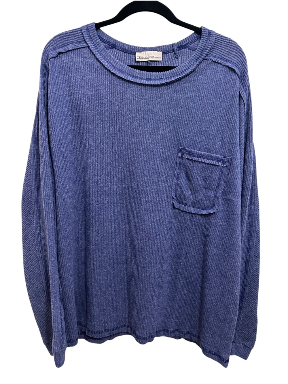 Zenana Outfitters Women's Indigo Ribbed Crewneck Pullover with Pocket